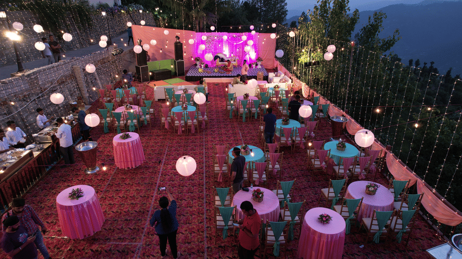 Wedding mandap with mountain backdrop